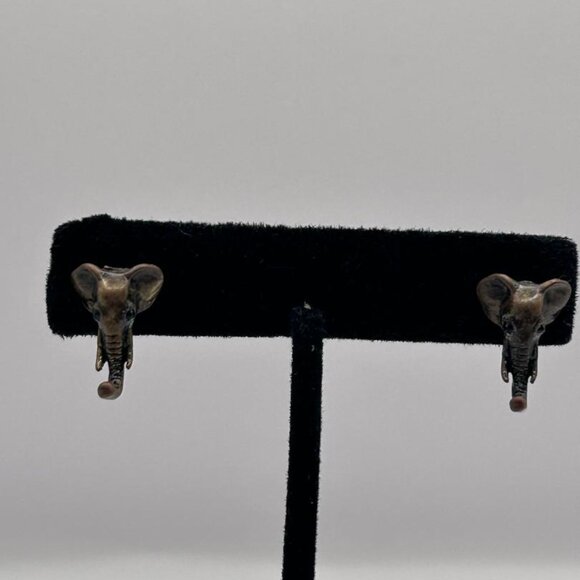 Antiqued Gold Detailed Elephant Stud Earrings with Rhinestone Eyes - Picture 5 of 6